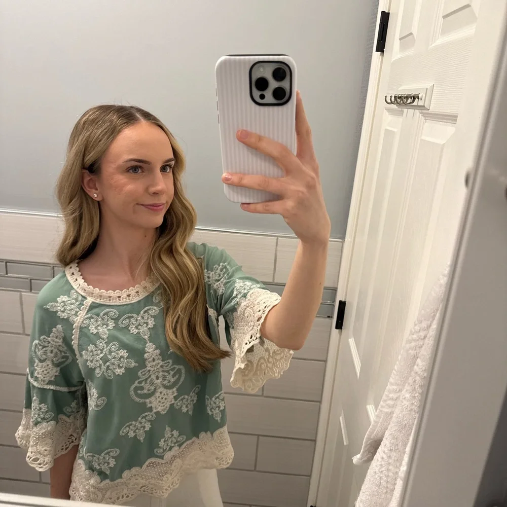 Mint Green Embroidered Lace Top - Picture 2 of 3